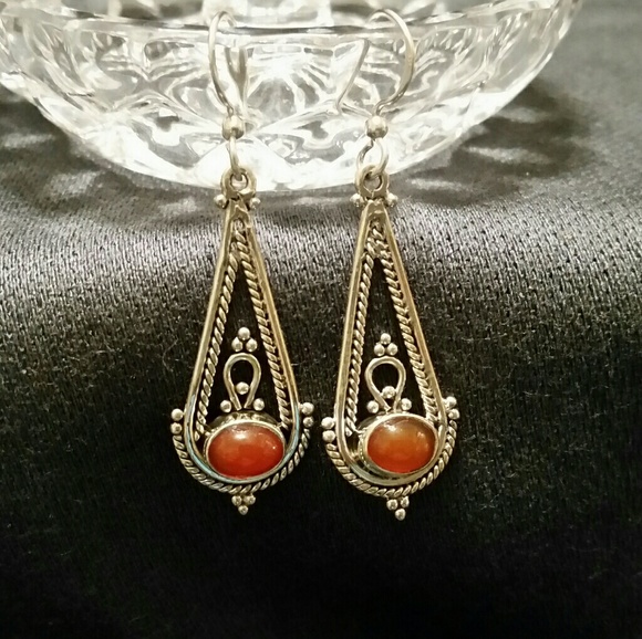 Hand Crafted Jewelry - 925 Silver Filigree Carnelian Hook Earrings